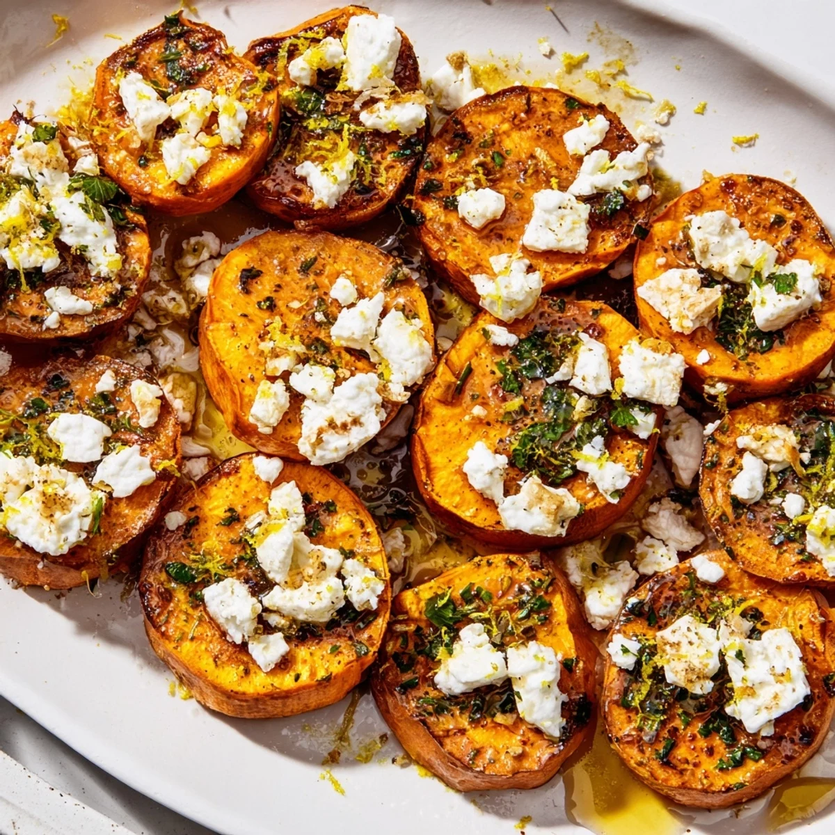 Caramelized roasted sweet potato rounds arranged on platter with creamy feta and fresh parsley