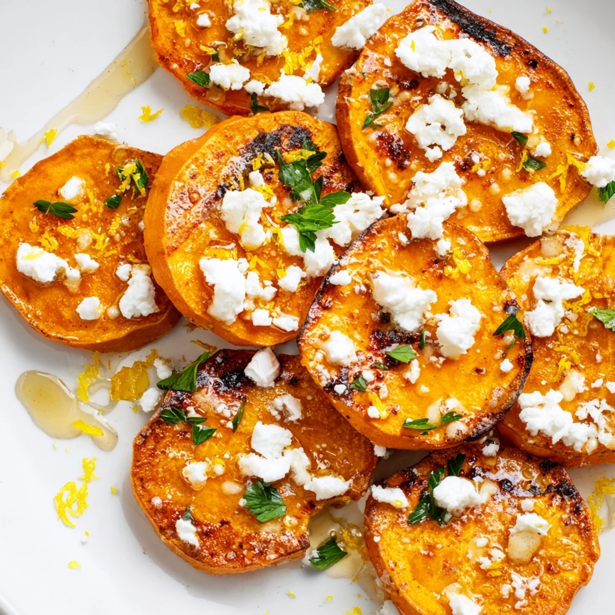 Mediterranean roasted sweet potato rounds with honey feta topping served warm on white dish