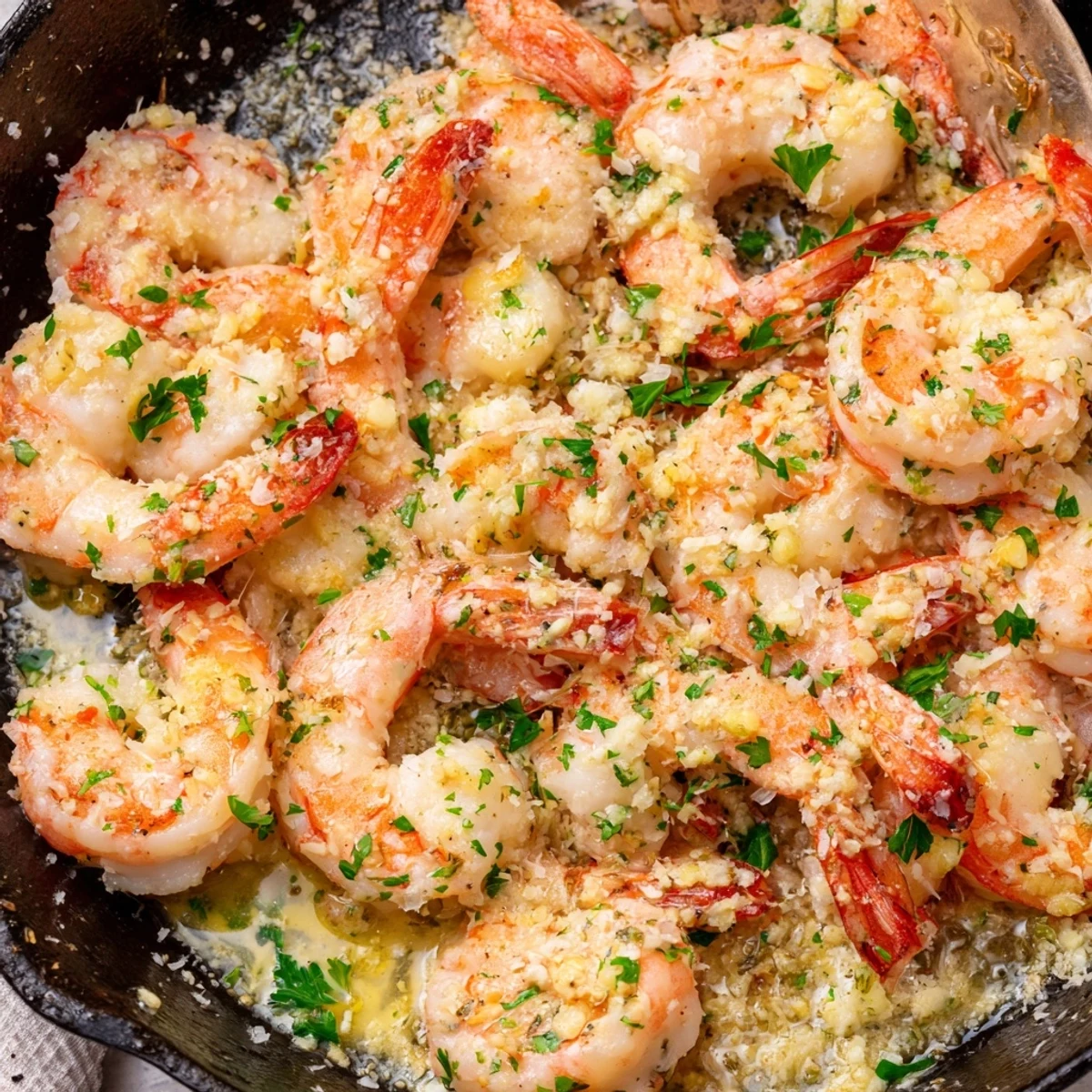 Juicy shrimp swimming in buttery garlic sauce topped with melted parmesan cheese
