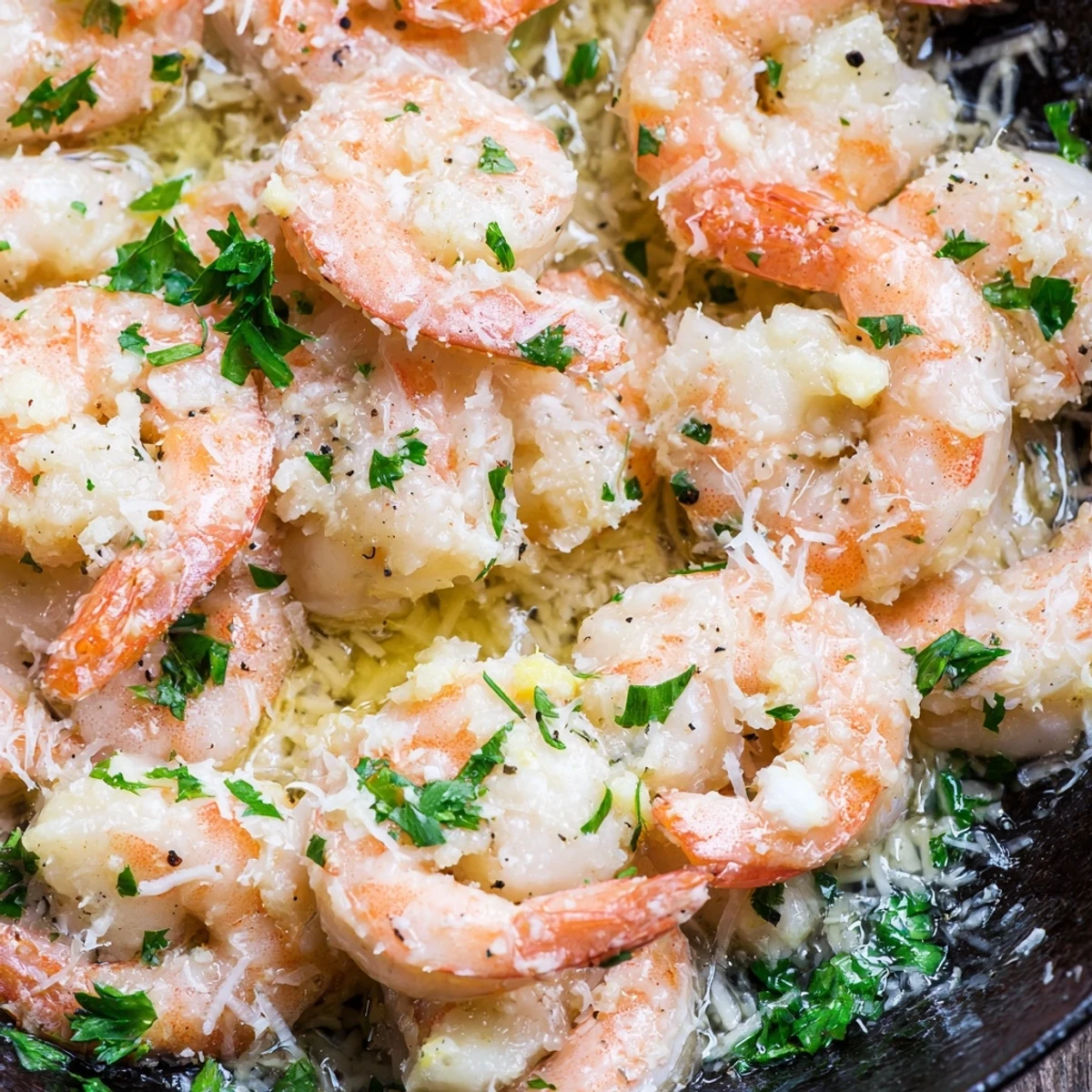 Golden brown garlic parmesan shrimp skillet served with fresh lemon wedges and parsley