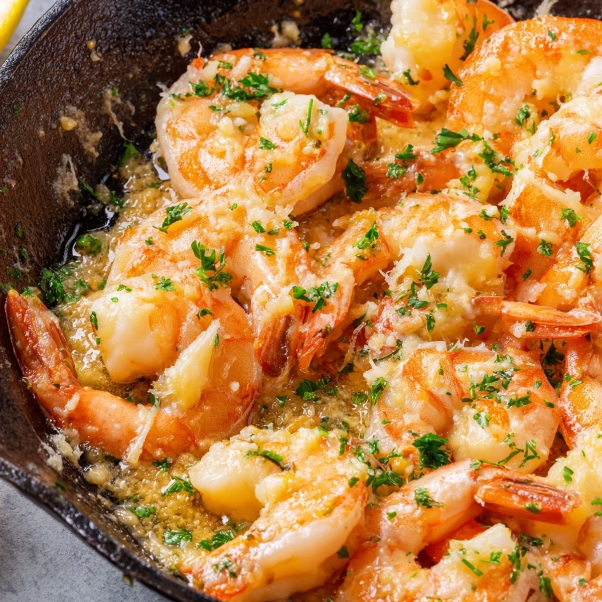 Sizzling skillet of Ruth's Chris garlic parmesan shrimp with bright citrus garnish
