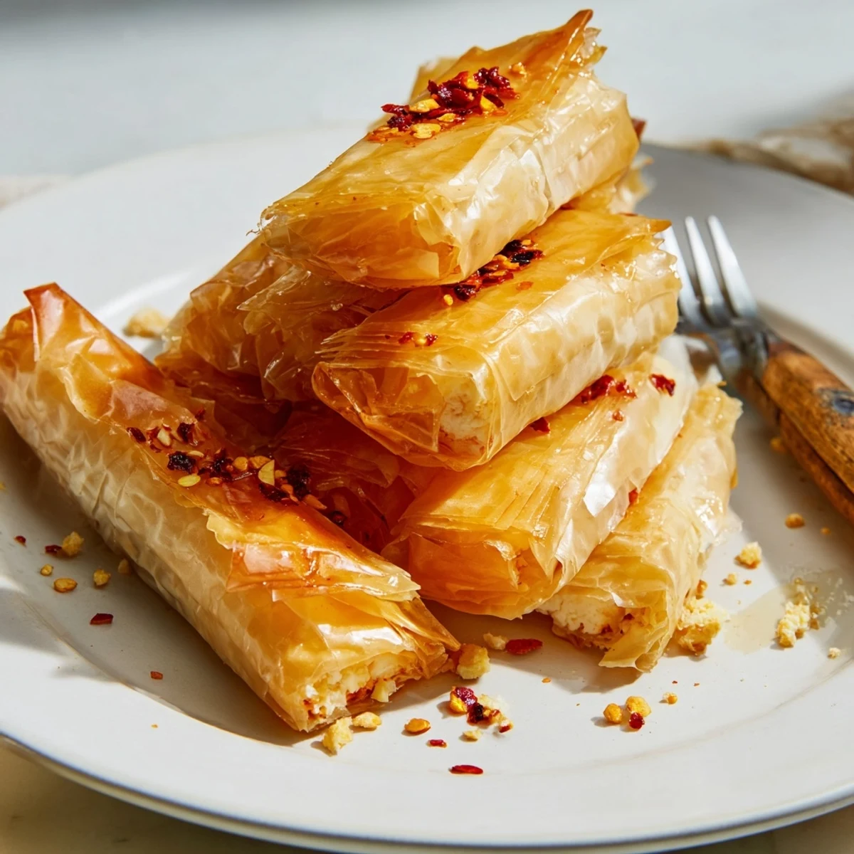 Golden oven fried feta rolls with crispy phyllo pastry drizzled with spicy chili honey sauce