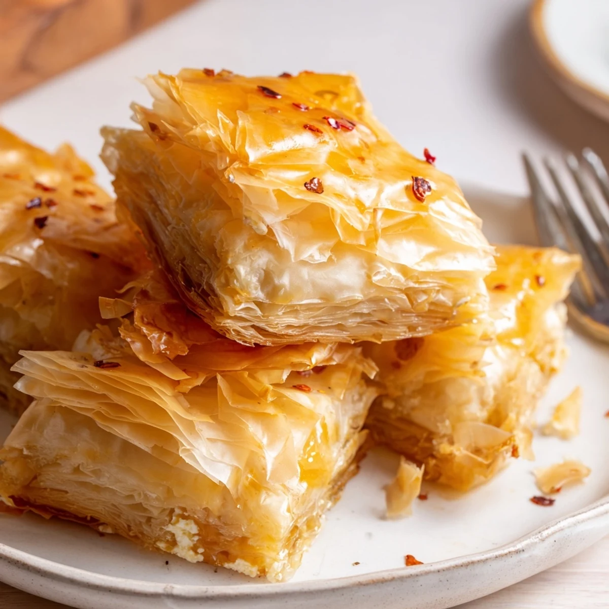 Mediterranean appetizer featuring baked feta cheese rolls topped with sweet and spicy honey glaze