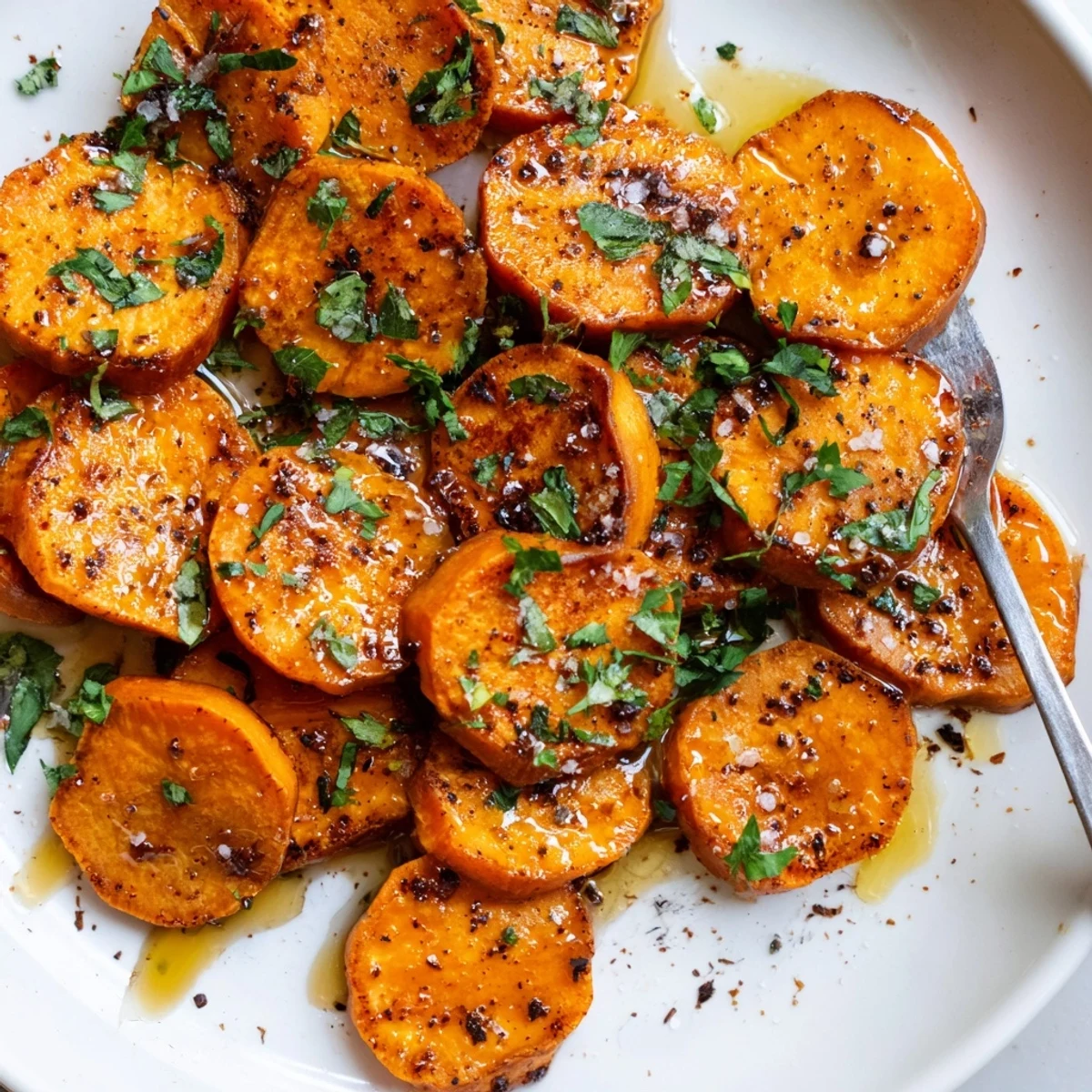 Honey Drizzled Roasted Sweet Potato Medallions glistening with honey, golden and tender