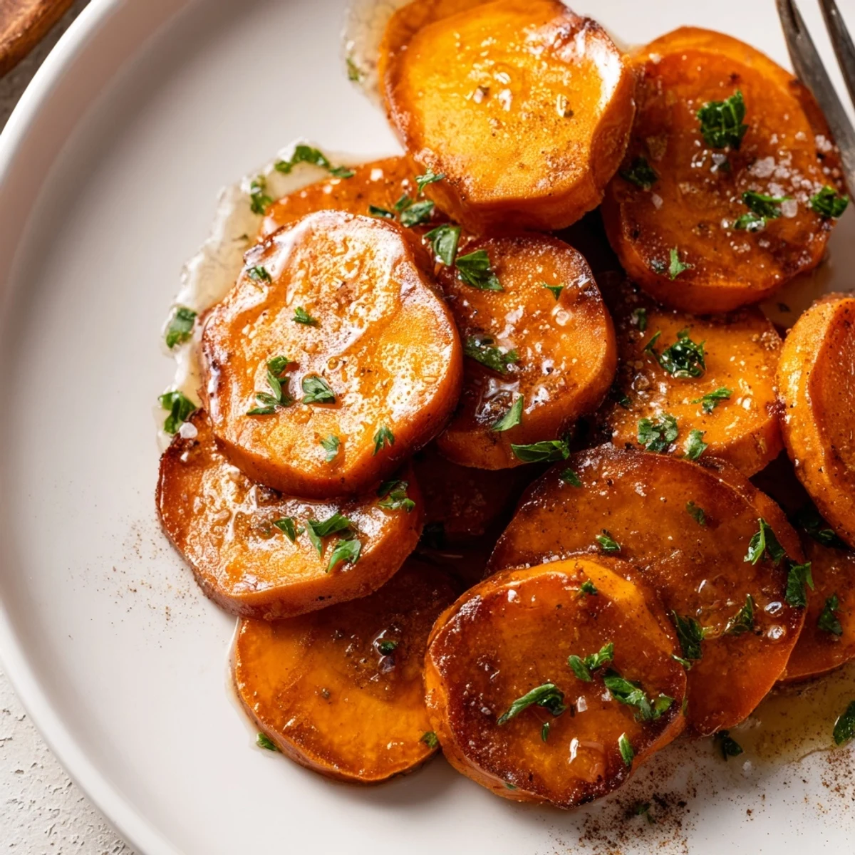 Plate of Honey Drizzled Roasted Sweet Potato Medallions served warm, sticky glaze