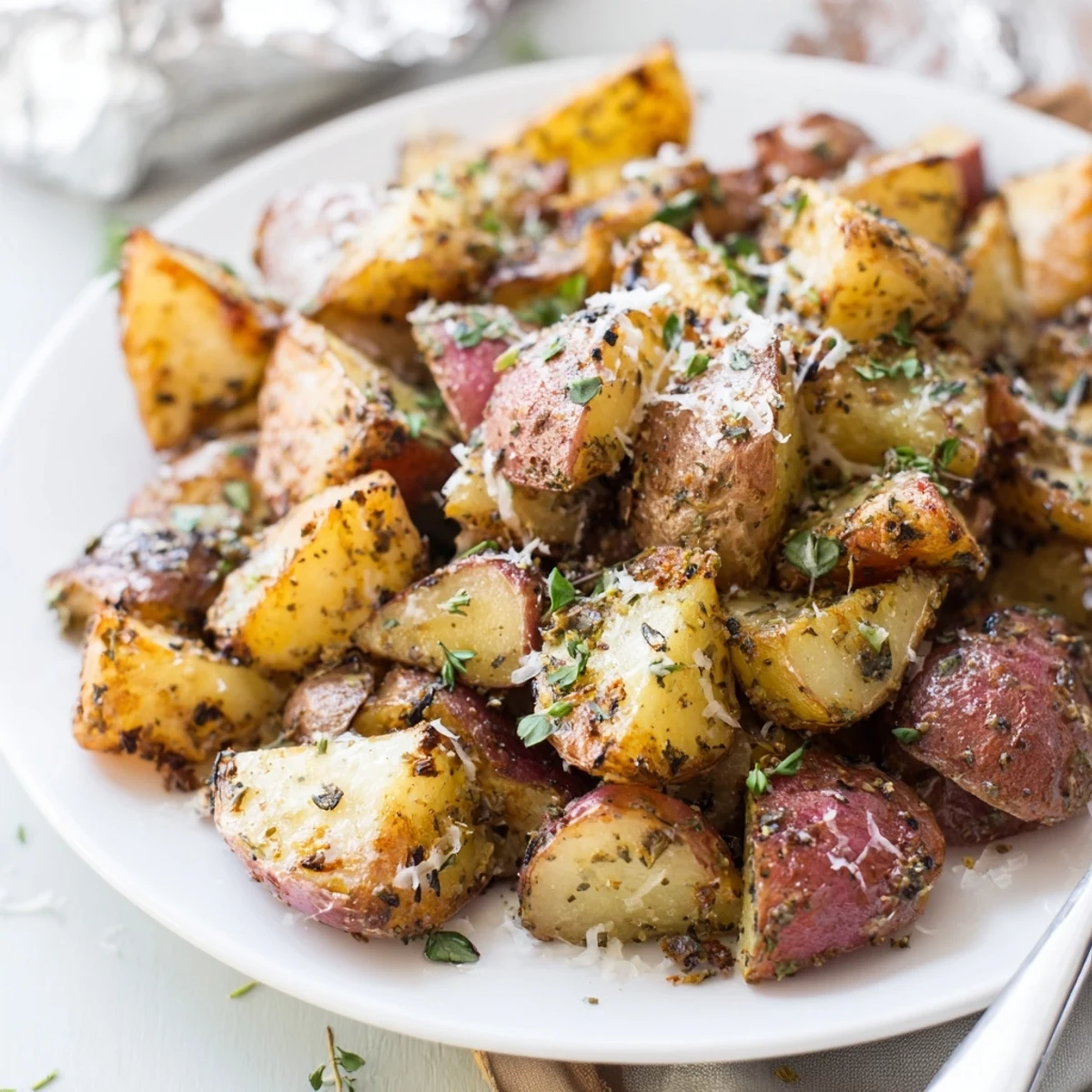 Summer barbecue side: Herb Seasoned Grilled Potatoes In Foil sprinkled with Parmesan