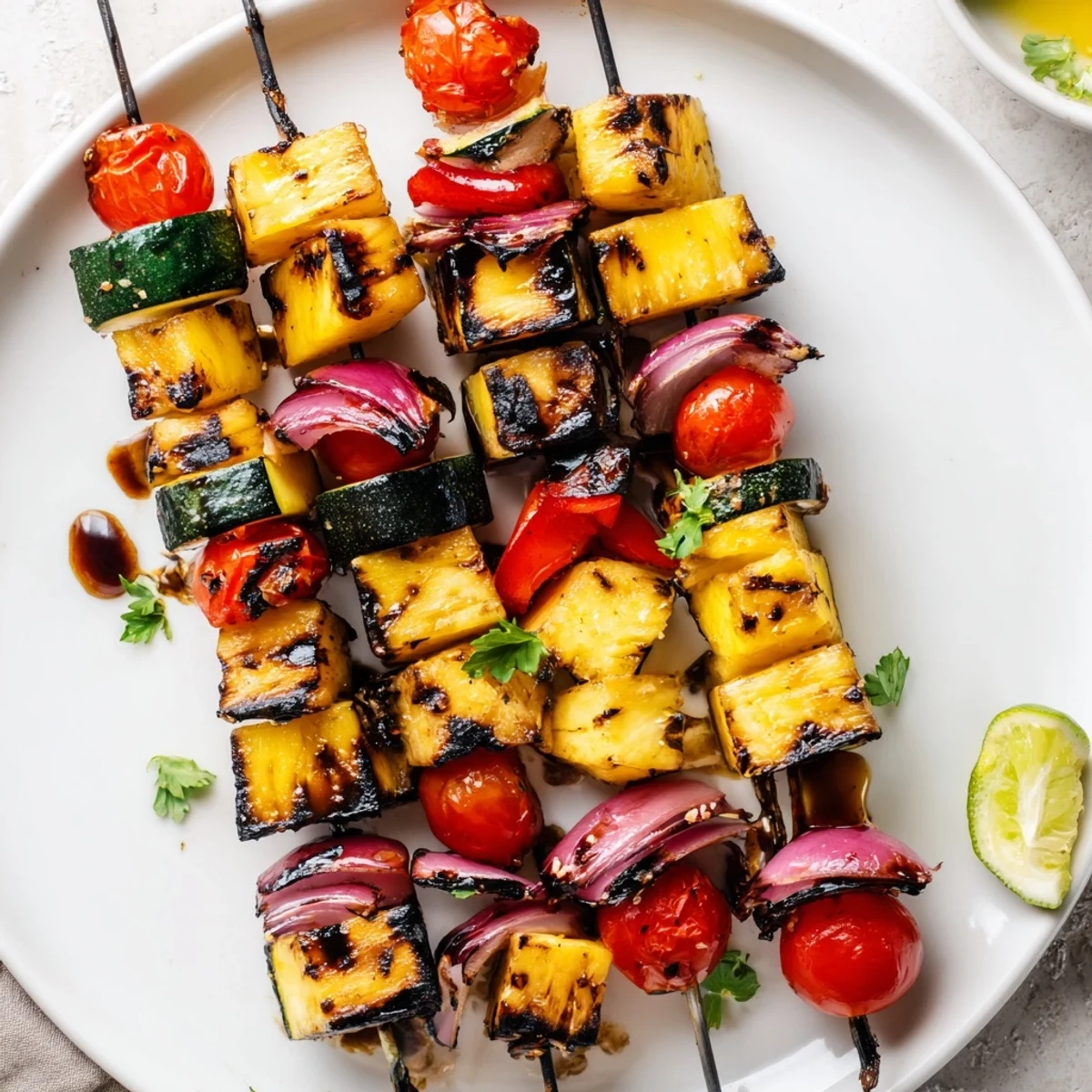 Grilled Pineapple Vegetable Skewers sizzling with charred edges and fresh herbs