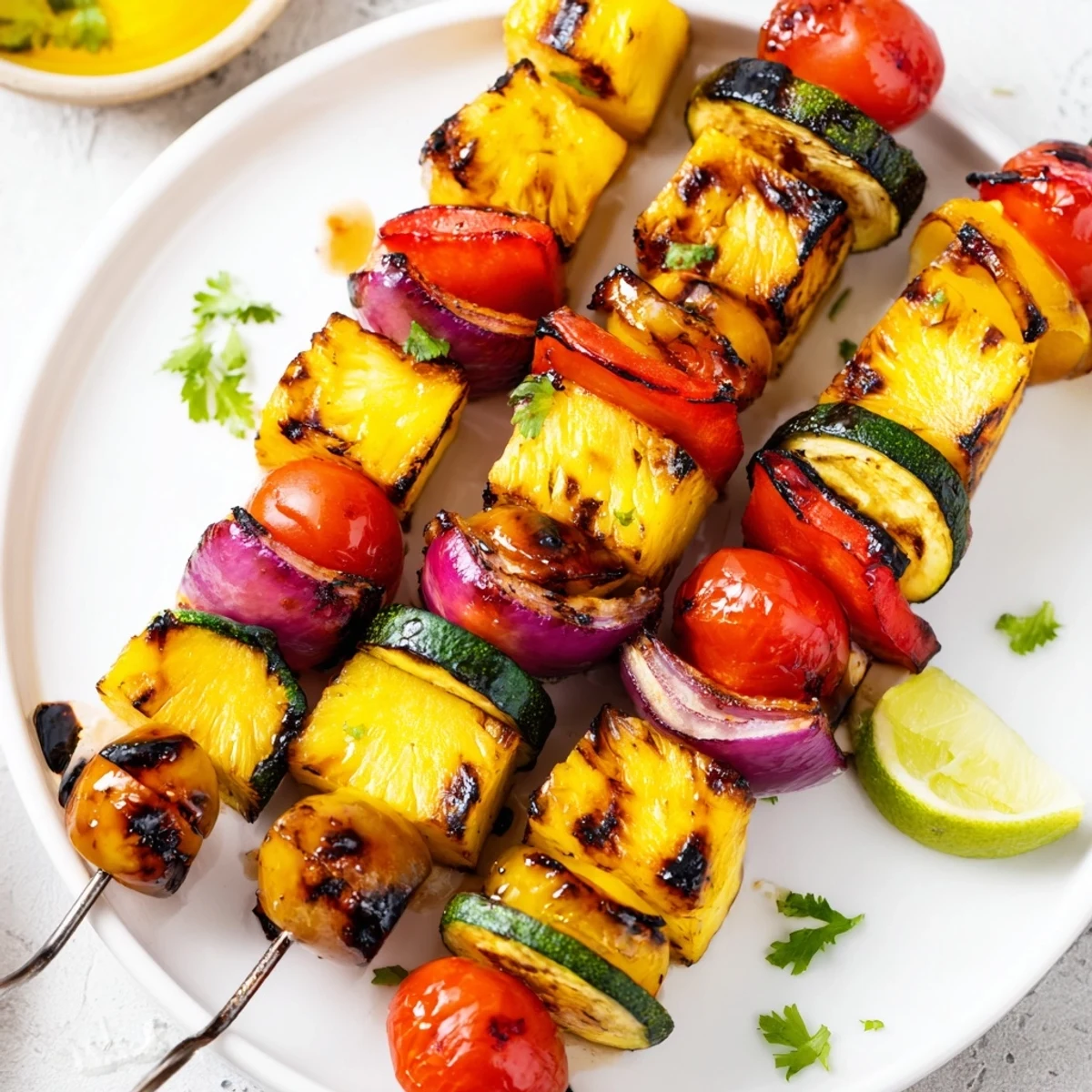 Juicy Pineapple Vegetable Skewers threaded over charcoal grill, finished with lime