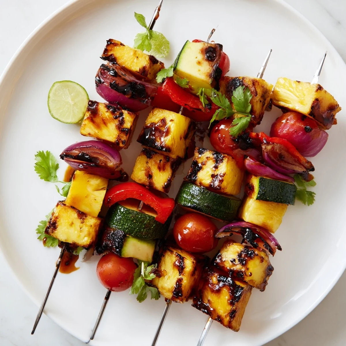 Colorful Pineapple Vegetable Skewers glazed in maple-balsamic marinade, served over quinoa