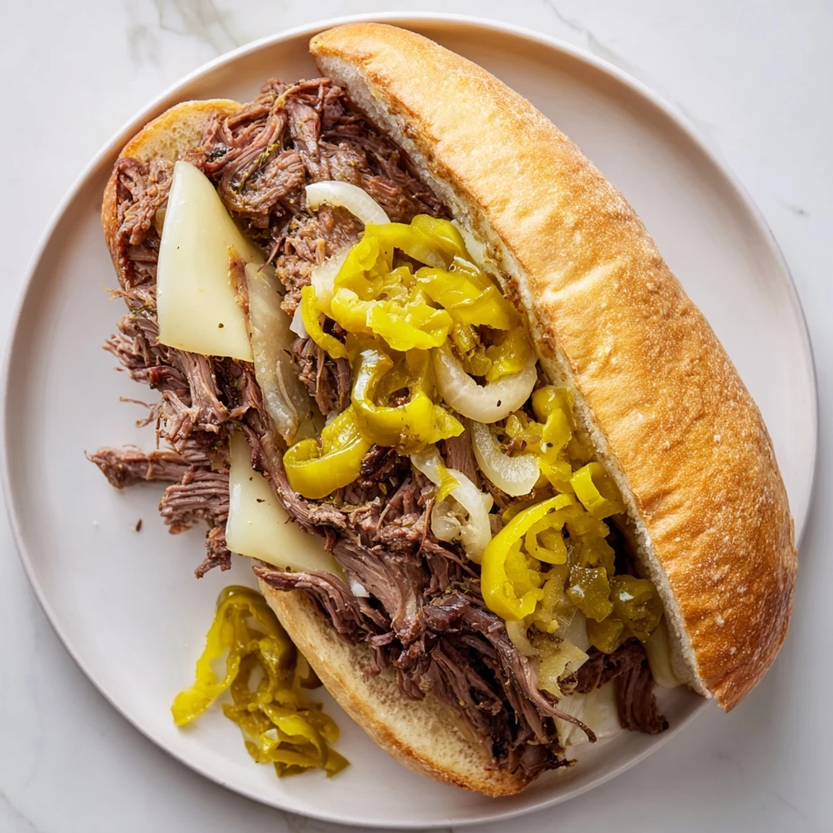 Slow cooker Italian roast beef sandwiches piled on toasted rolls with melted provolone cheese