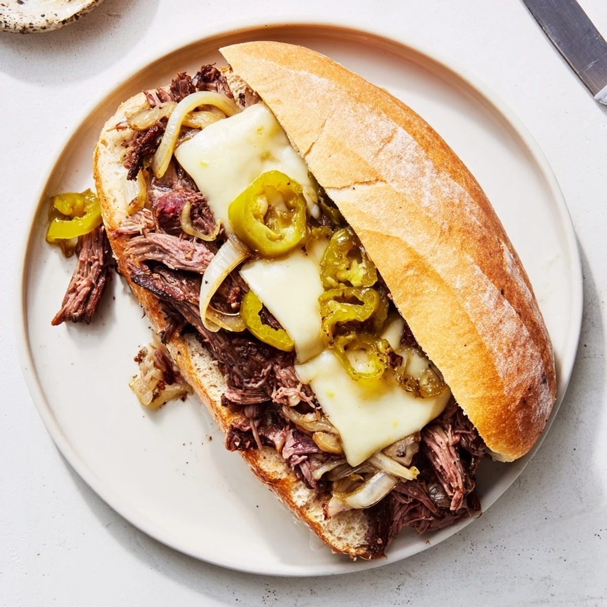 Italian-style roast beef sandwich with juicy meat, melted cheese, and tangy peppers on a roll