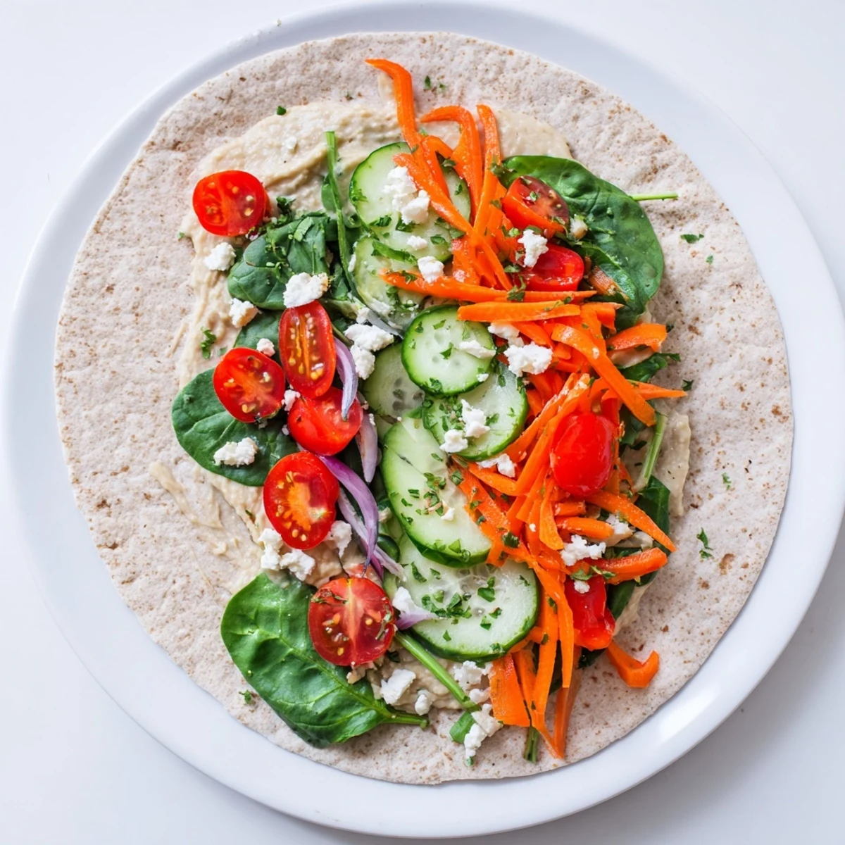 Colorful veggie wrap with hummus recipe rolled diagonally showing fresh spinach, carrots, and bell pepper slices