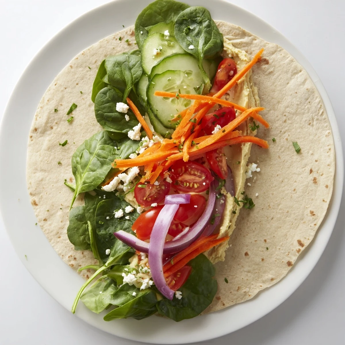 Mediterranean veggie wrap with hummus recipe on wooden board displaying crisp vegetables inside whole wheat tortilla