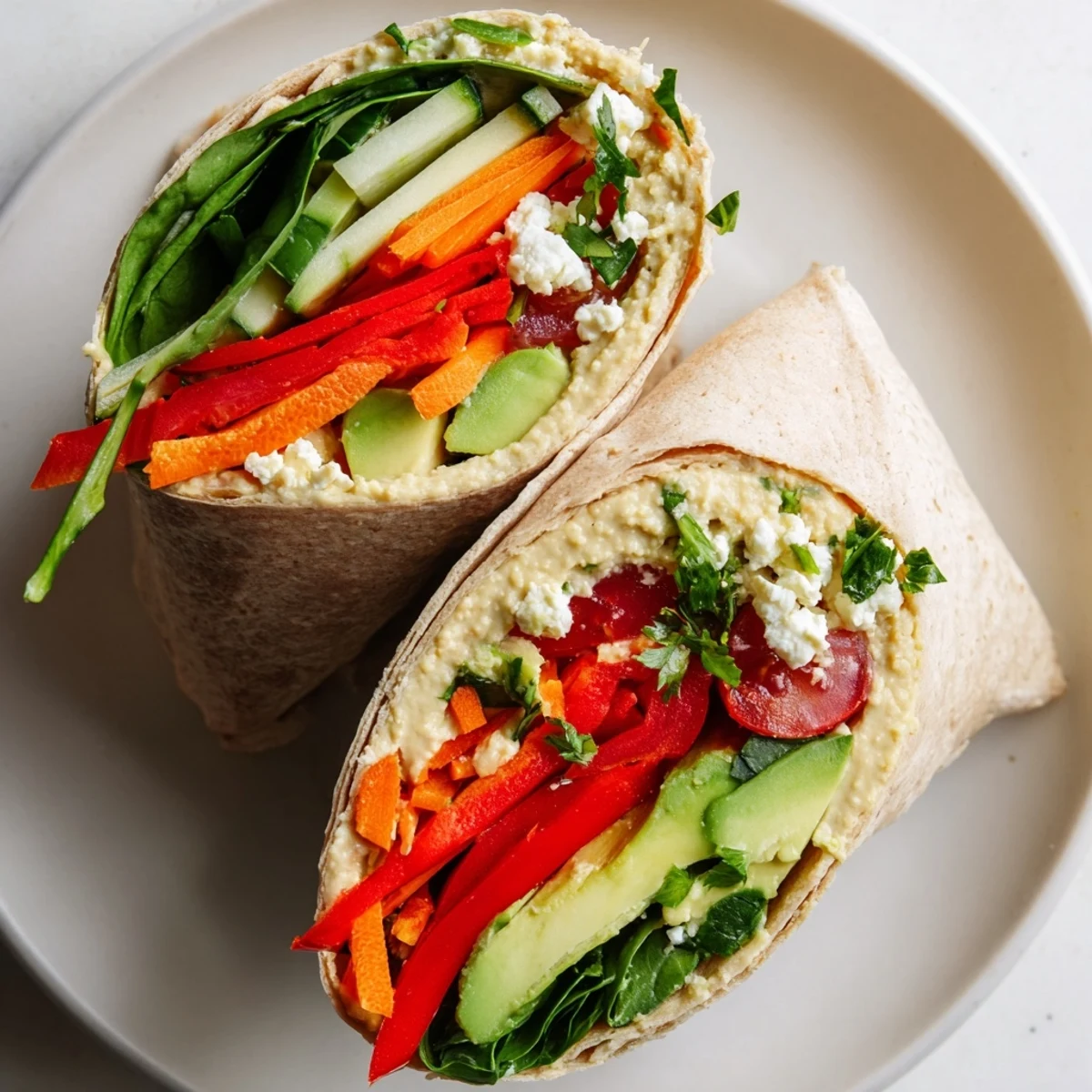 Fresh Hummus Veggie Wrap rolled with colorful bell peppers, cucumber, carrots, and crisp spinach on whole wheat tortilla.