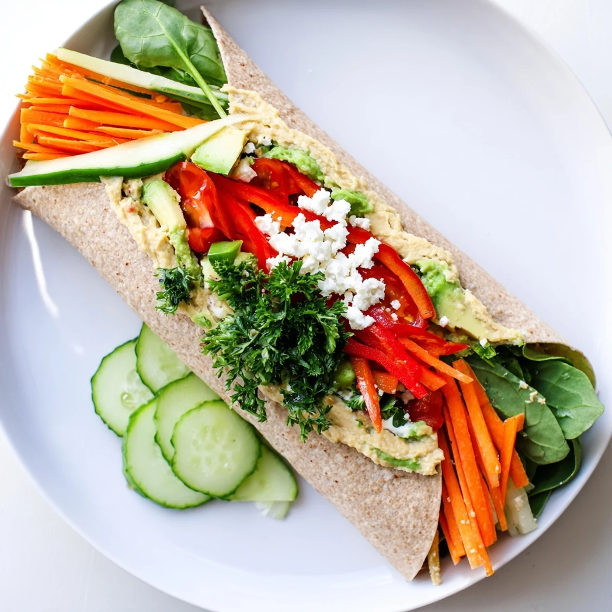 Healthy Hummus Veggie Wrap ready for lunch featuring hummus-coated tortilla wrapped with vibrant julienned veggies and greens.