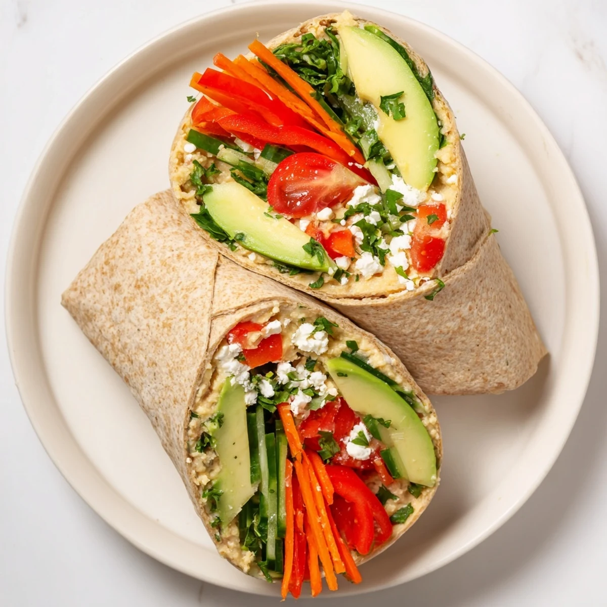 Mediterranean Hummus Veggie Wrap sliced cross-section revealing creamy spread layered with avocado, tomatoes, and crunchy vegetables.