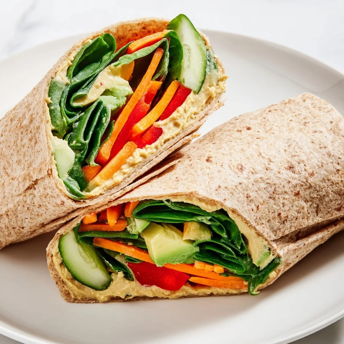 Golden whole wheat tortilla wraps rolled tight with creamy hummus and crisp colorful vegetables