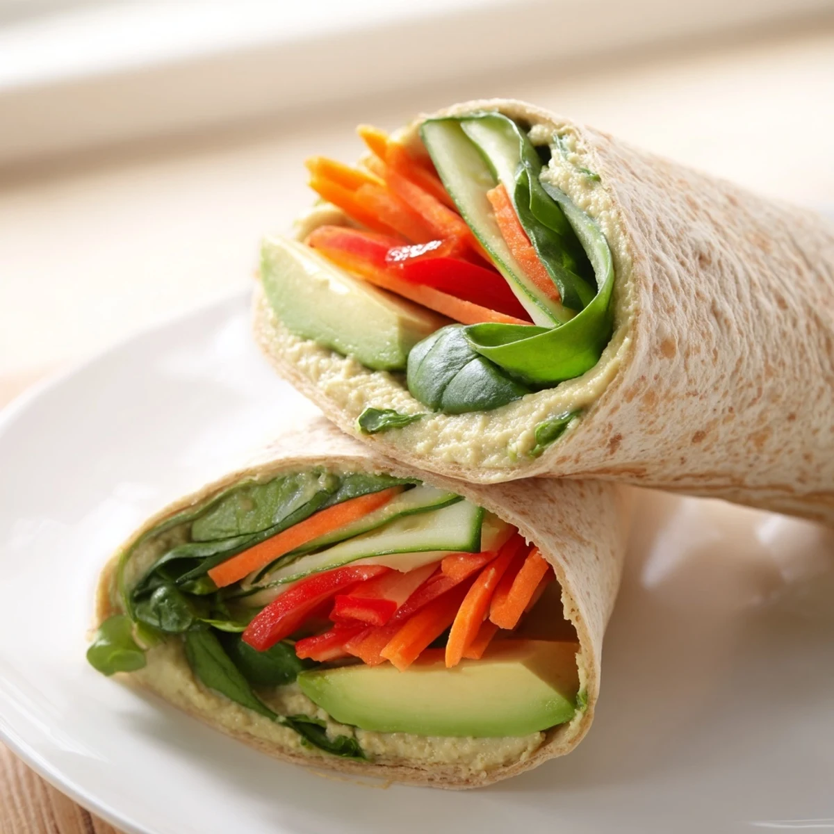 Diagonally sliced spinach hummus lunch wraps revealing vibrant layers of fresh bell pepper and avocado