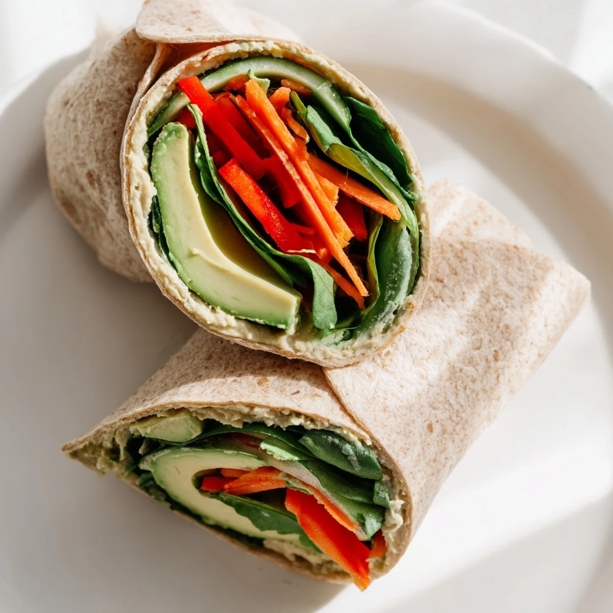 Mediterranean-style lunch wraps filled with smooth hummus, julienned carrots, cucumber, and tender baby spinach