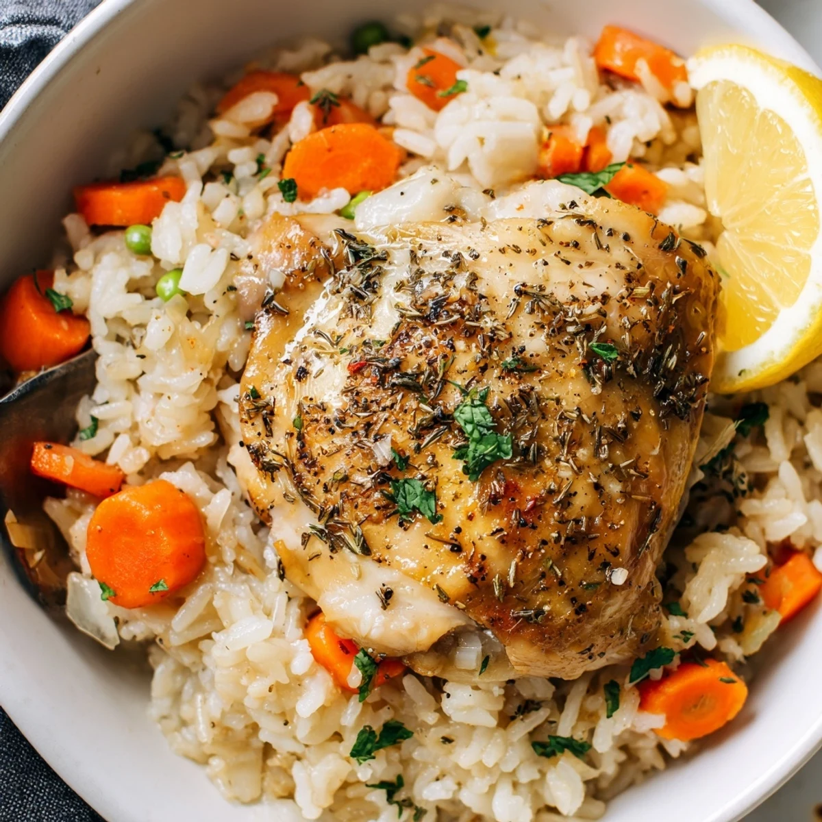 Slow Cooker Lemon Herb Chicken And Rice steaming with bright lemon wedges