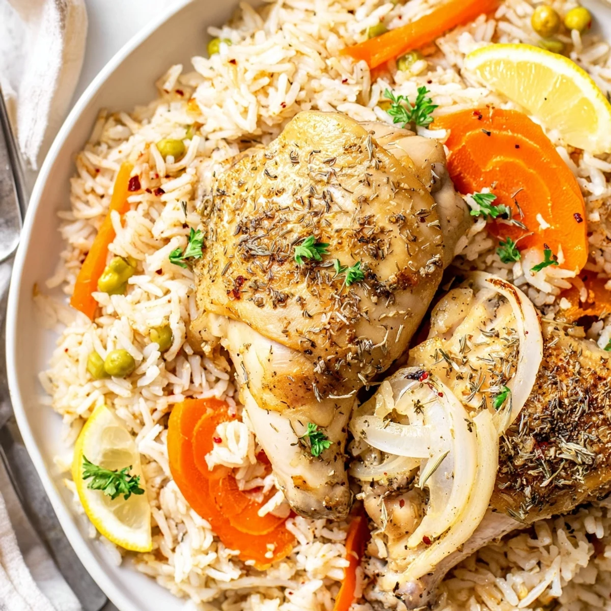 Tender thighs on Slow Cooker Lemon Herb Chicken And Rice, fragrant parsley garnish