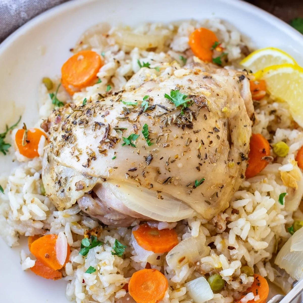 Warm bowls of Slow Cooker Lemon Herb Chicken And Rice, lemon wedges nearby