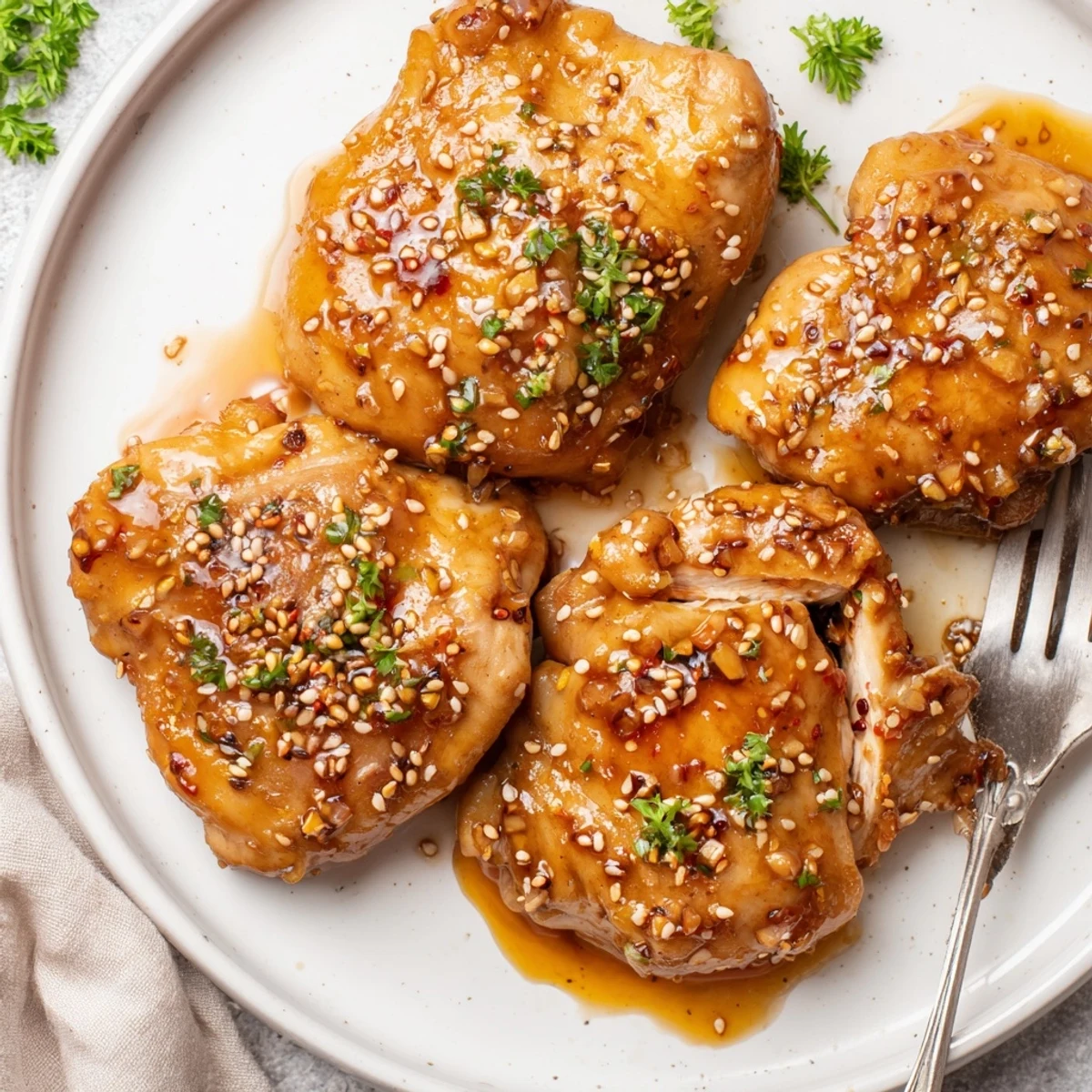 Slow-cooked Crockpot Honey Garlic Chicken, tender thighs bathed in sweet garlic glaze.