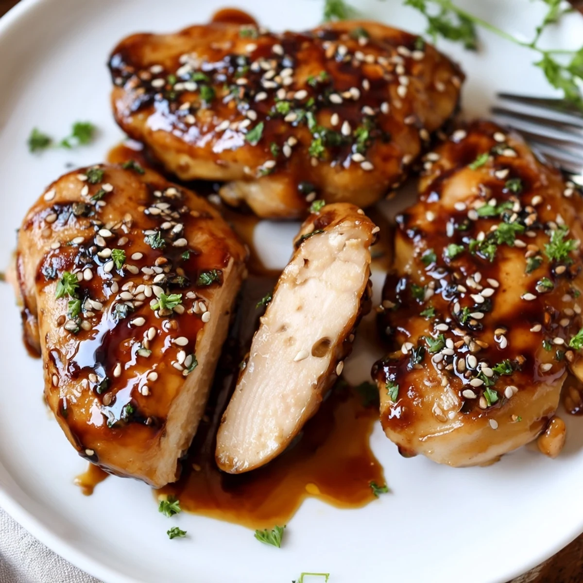 Juicy Crockpot Honey Garlic Chicken topped with sesame seeds and chopped parsley.