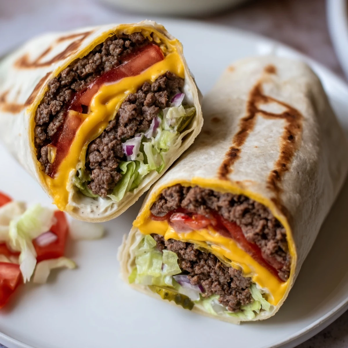 Cheeseburger Wrap Recipe showing melty cheddar, juicy beef, crisp lettuce inside.