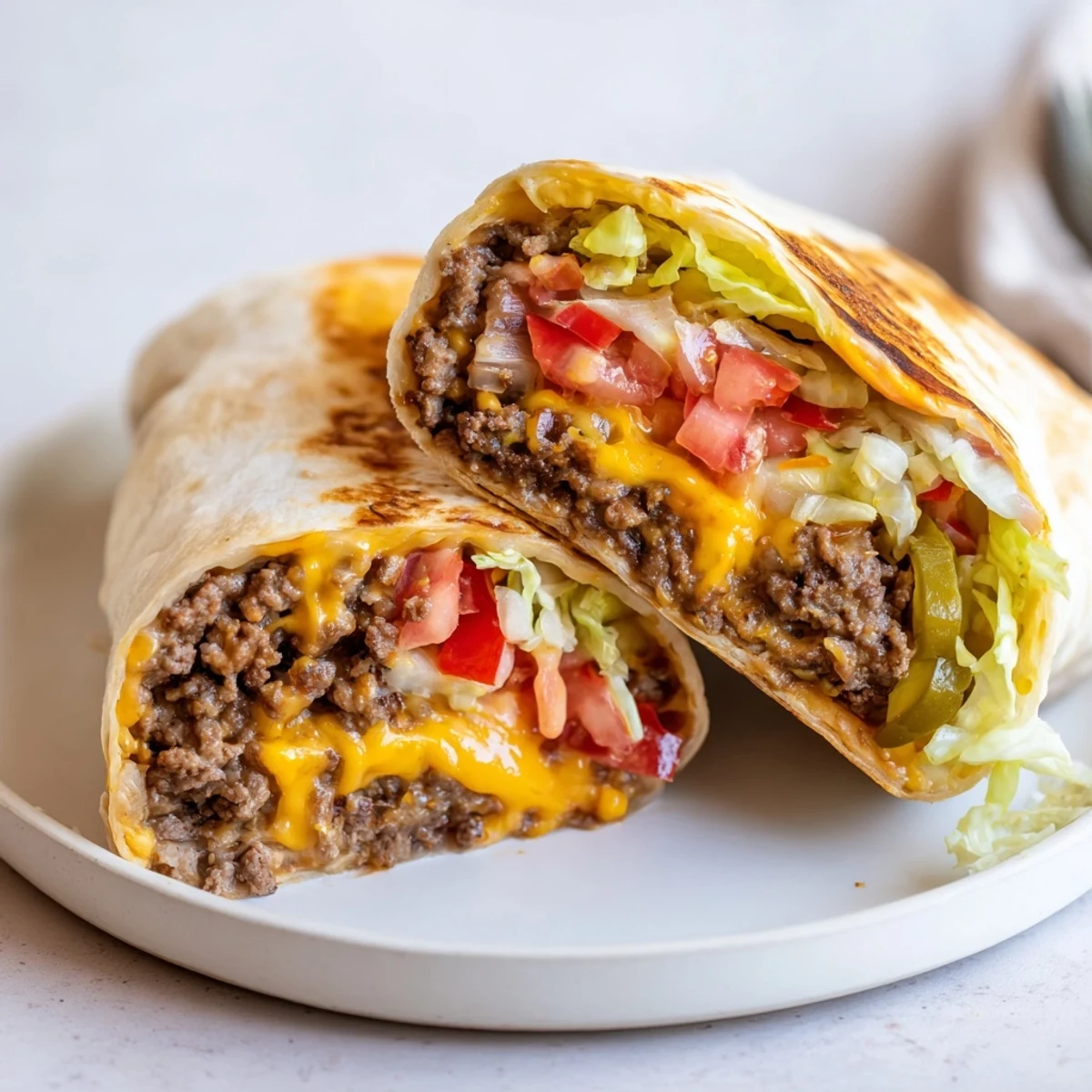 Halved Cheeseburger Wrap Recipe on skillet, warm toasted edges and steam.