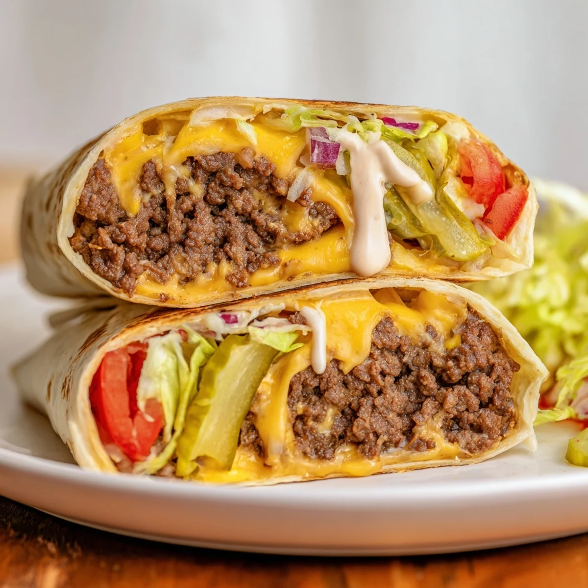 Plate with fries beside a Cheeseburger Wrap Recipe, oozing melted cheese.