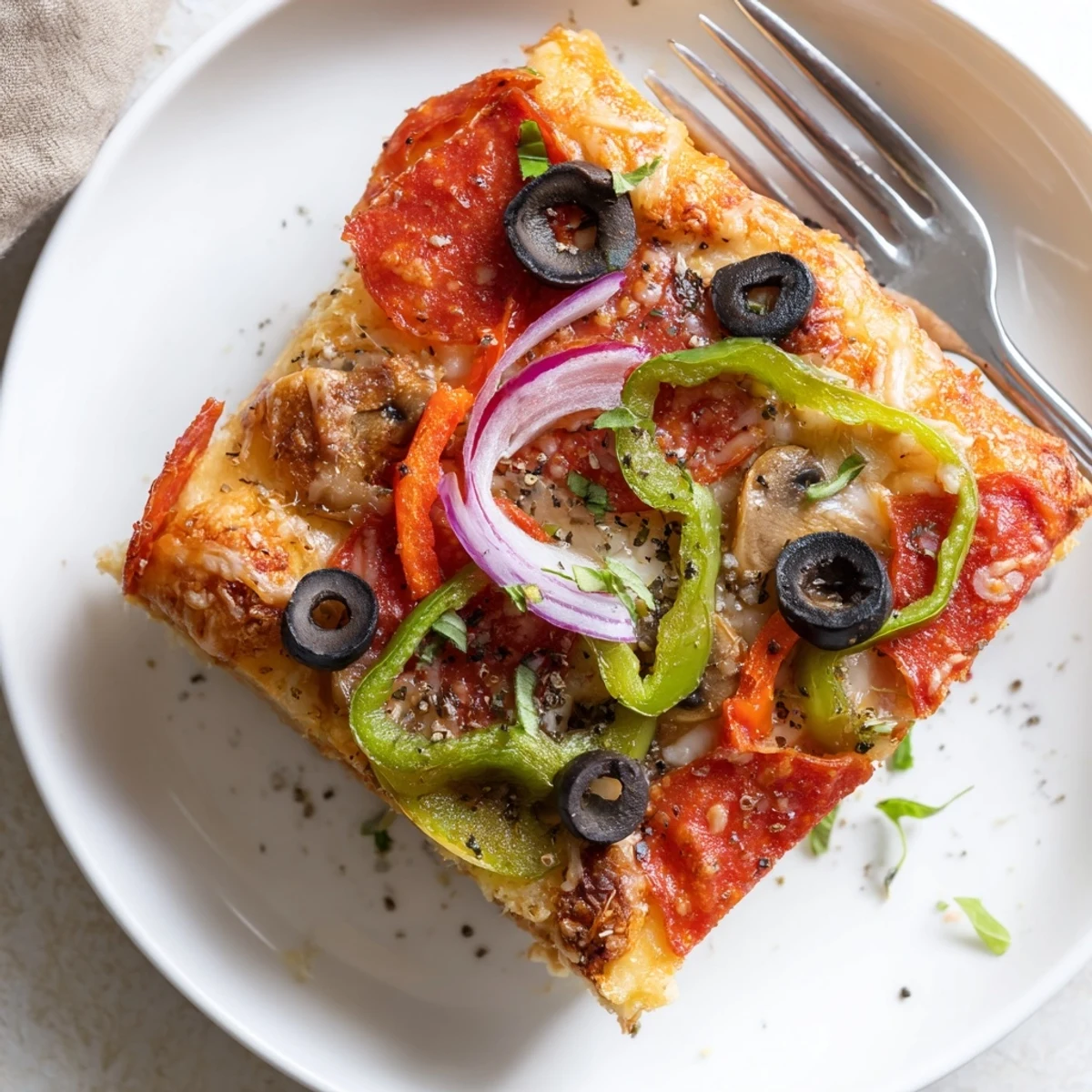 Focaccia Pizza Supreme with bubbling mozzarella and crisp golden edges, served warm, sliced
