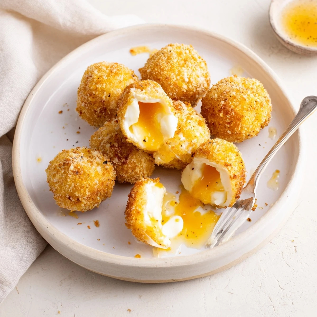 Handful of Irresistible Crispy Mozzarella Poppers With Maple Glaze next to lager