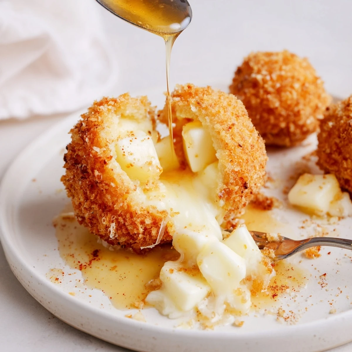 Warm Irresistible Crispy Mozzarella Poppers With Maple Glaze served on parchment