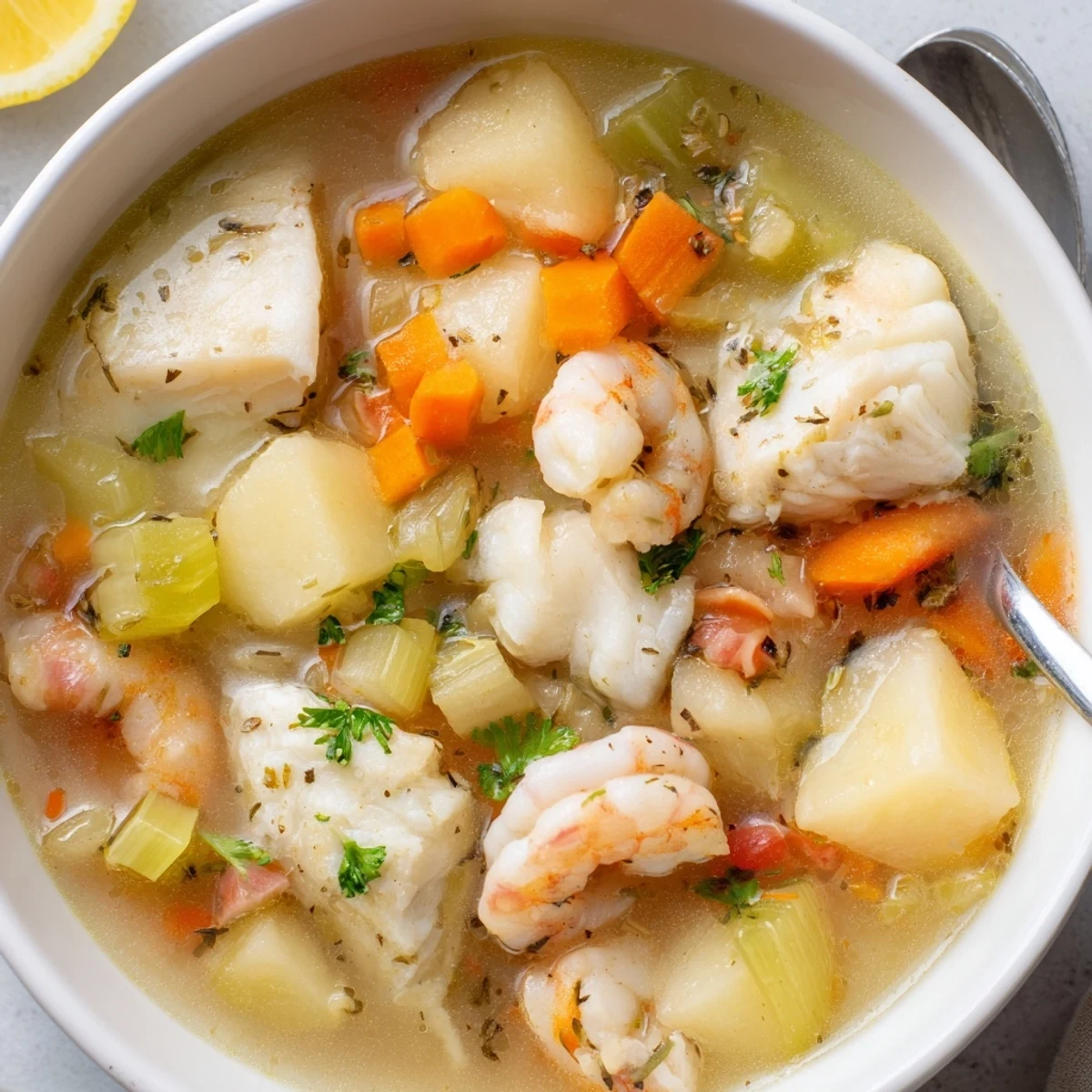 Fish Soup steaming in a bowl, flaky cod, parsley, lemon wedge.