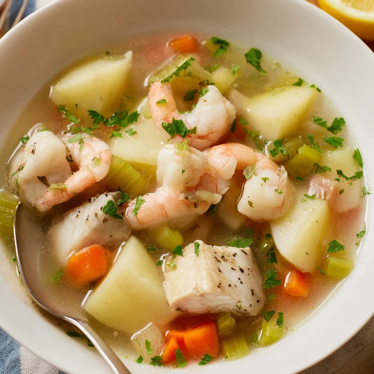 Hearty Fish Soup with tender chunks, savory tomato broth, crusty bread.