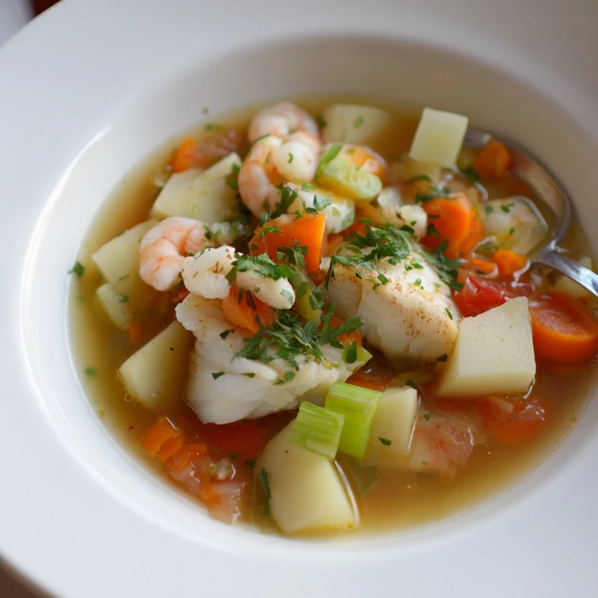 Warm Fish Soup fragrant with garlic and thyme, served with lemon.