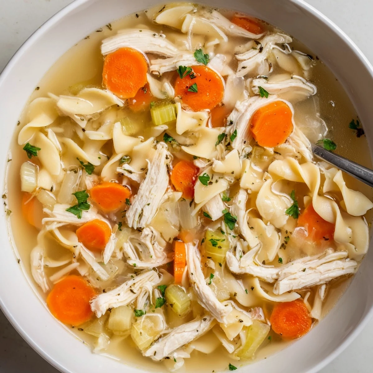 Steam rising from a bowl of Chicken Noodle Soup with parsley garnish.