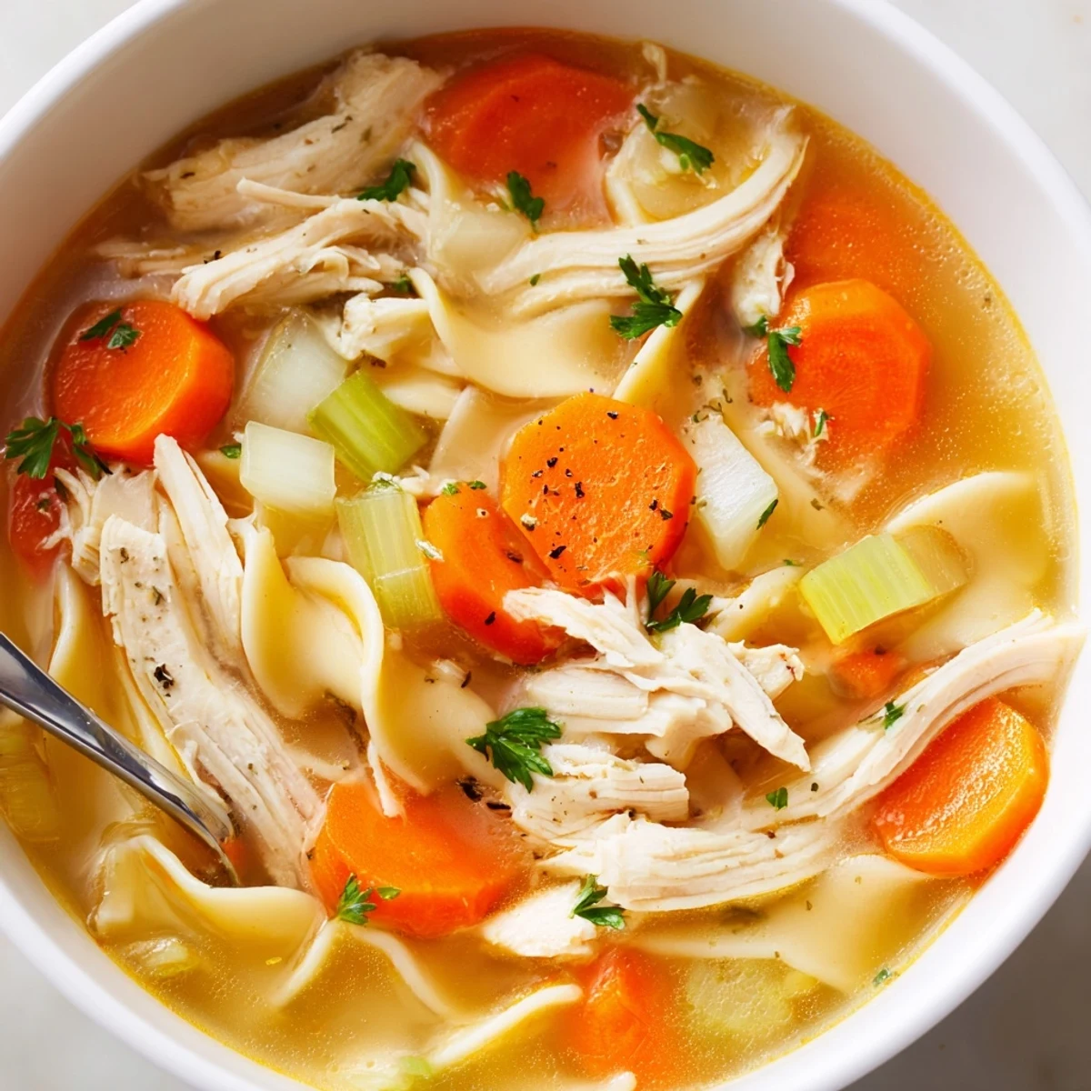 Warm spoonful of Chicken Noodle Soup steaming, savory broth and celery.