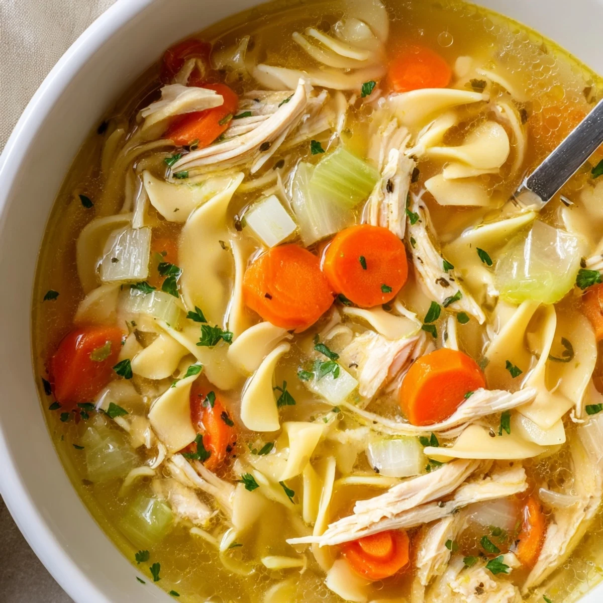 Homestyle Chicken Noodle Soup brimming with shredded chicken and tender noodles.