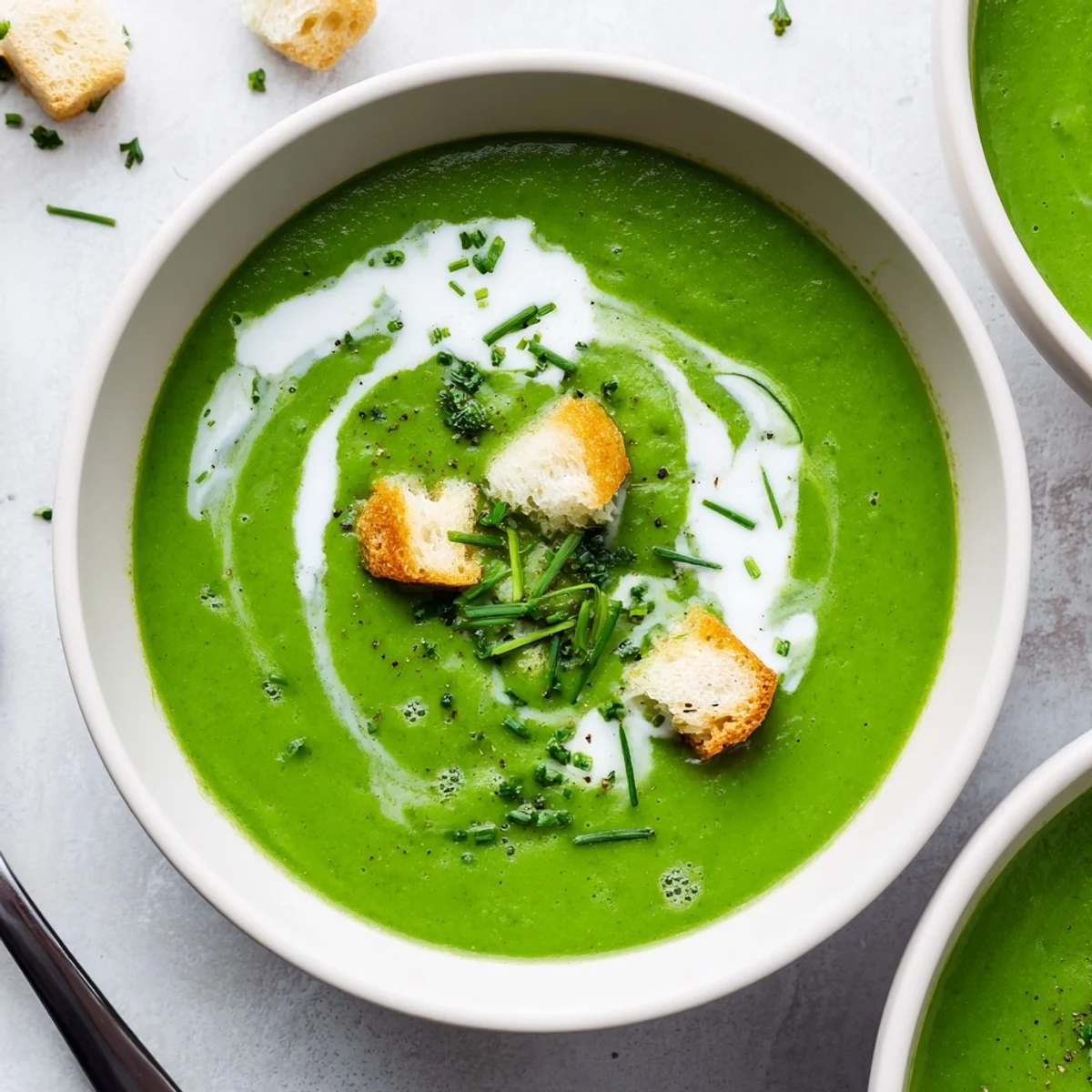 Steaming Spinach Soup in white bowl, silky green, cream swirl garnish  