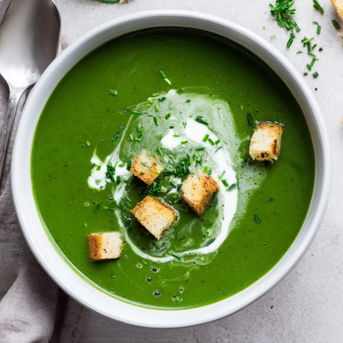 Velvety Spinach Soup pureed smooth, hinted nutmeg, topped with fresh chives