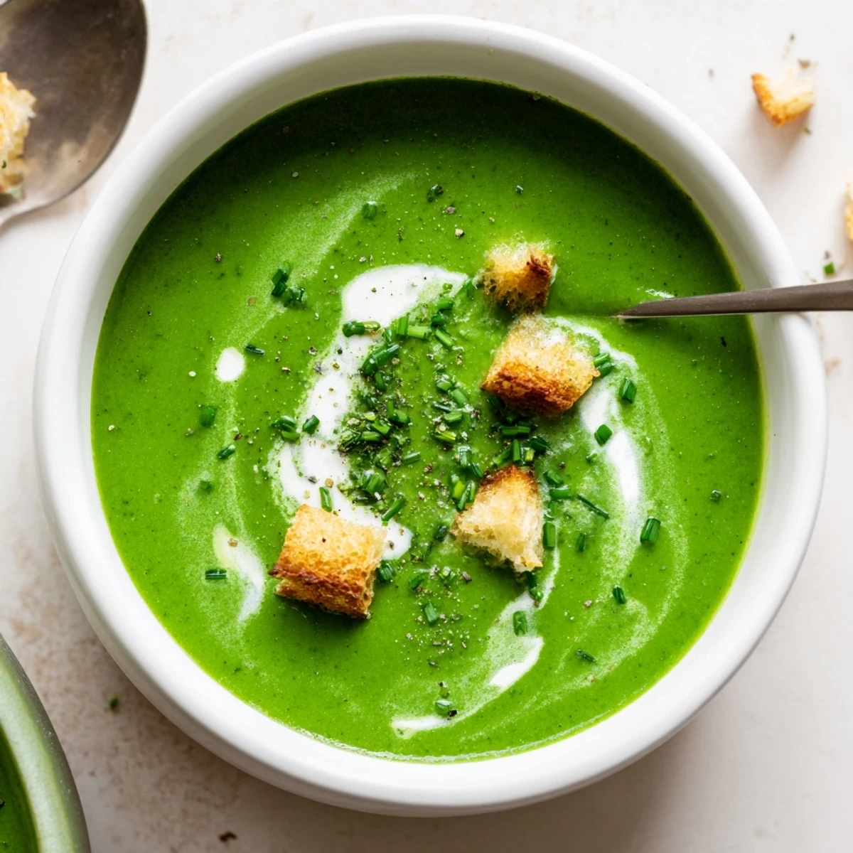 Homestyle Spinach Soup with garlic aroma, served with toasted crusty bread  