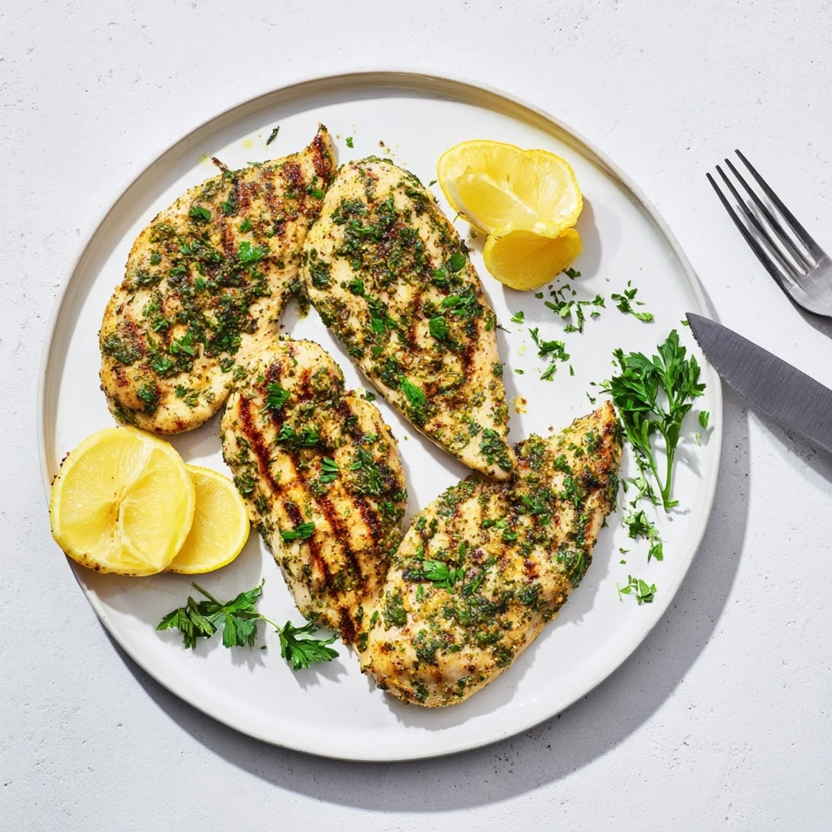 Golden herb rubbed grilled chicken breasts with fresh rosemary and charred grill marks