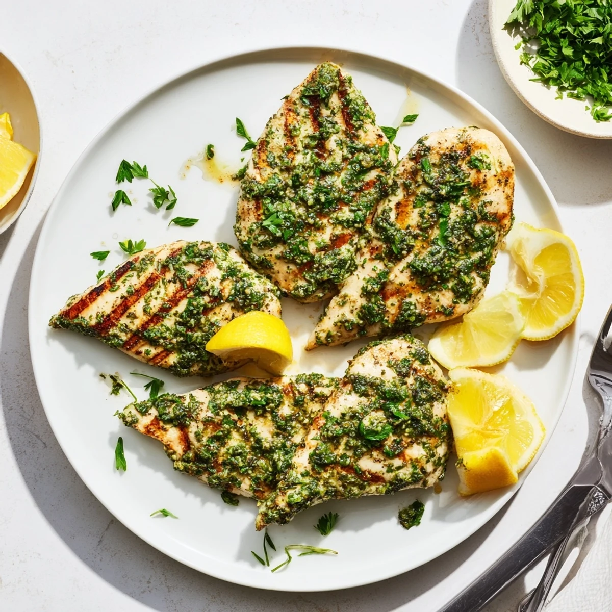 Juicy savory herb rubbed grilled chicken delight garnished with lemon wedges and parsley
