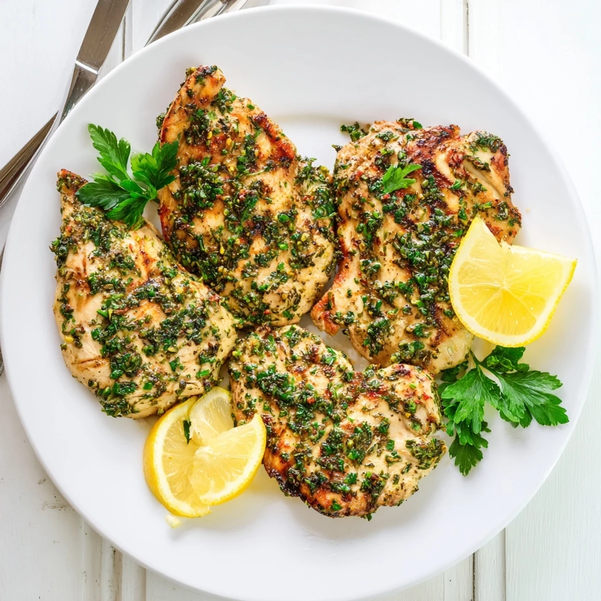 Perfectly grilled chicken coated in vibrant herb rub resting on a white platter