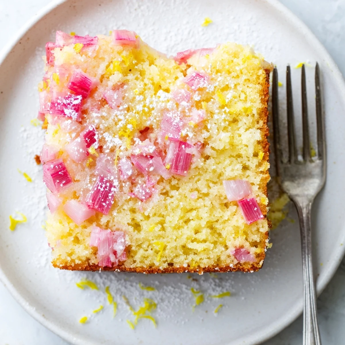 Golden slice of zesty rhubarb lemon drizzle cake with red fruit pieces and white icing sugar dusting