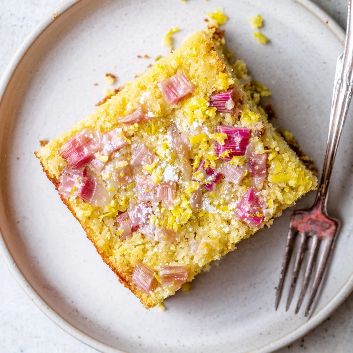 Homemade zesty rhubarb lemon drizzle cake topped with glistening lemon glaze and fresh zest sprinkles