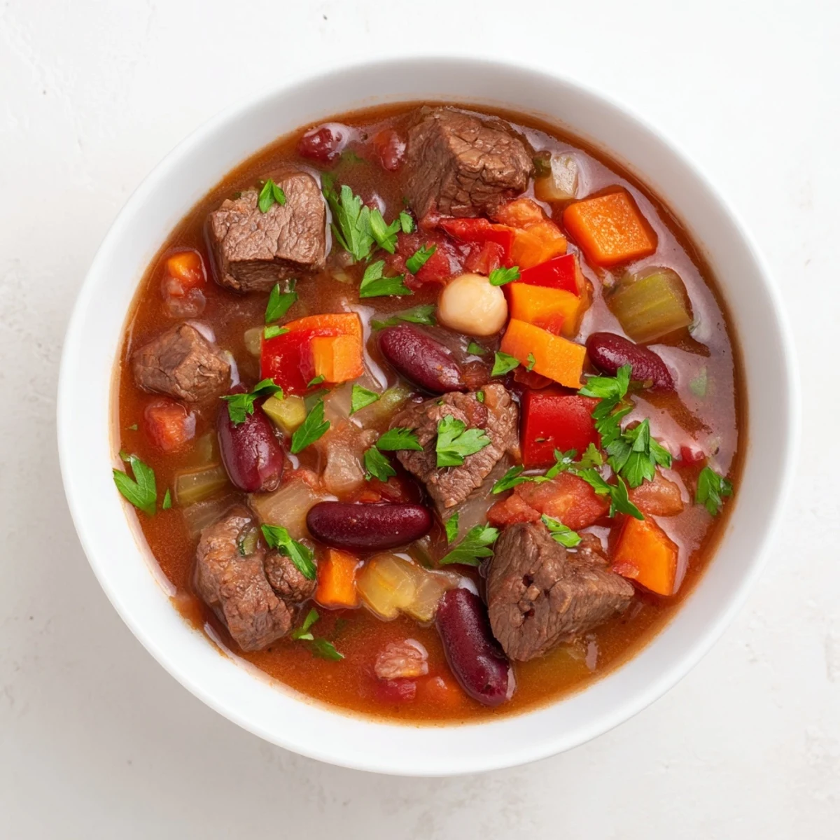 Hearty beef and bean soup delight steaming in a bowl with tender beef chunks, kidney beans, carrots, celery, and red bell pepper.