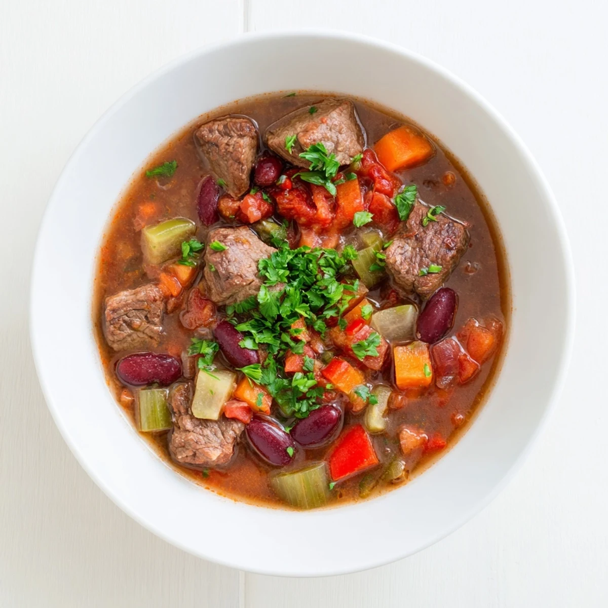 Golden beef cubes and kidney beans swimming in a flavorful beef and bean soup delight, garnished with fresh parsley and served crusty bread.